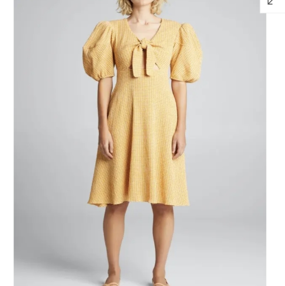 Rhode Ginny Tie Front Crinkle Gingham Puff Sleeve Dress